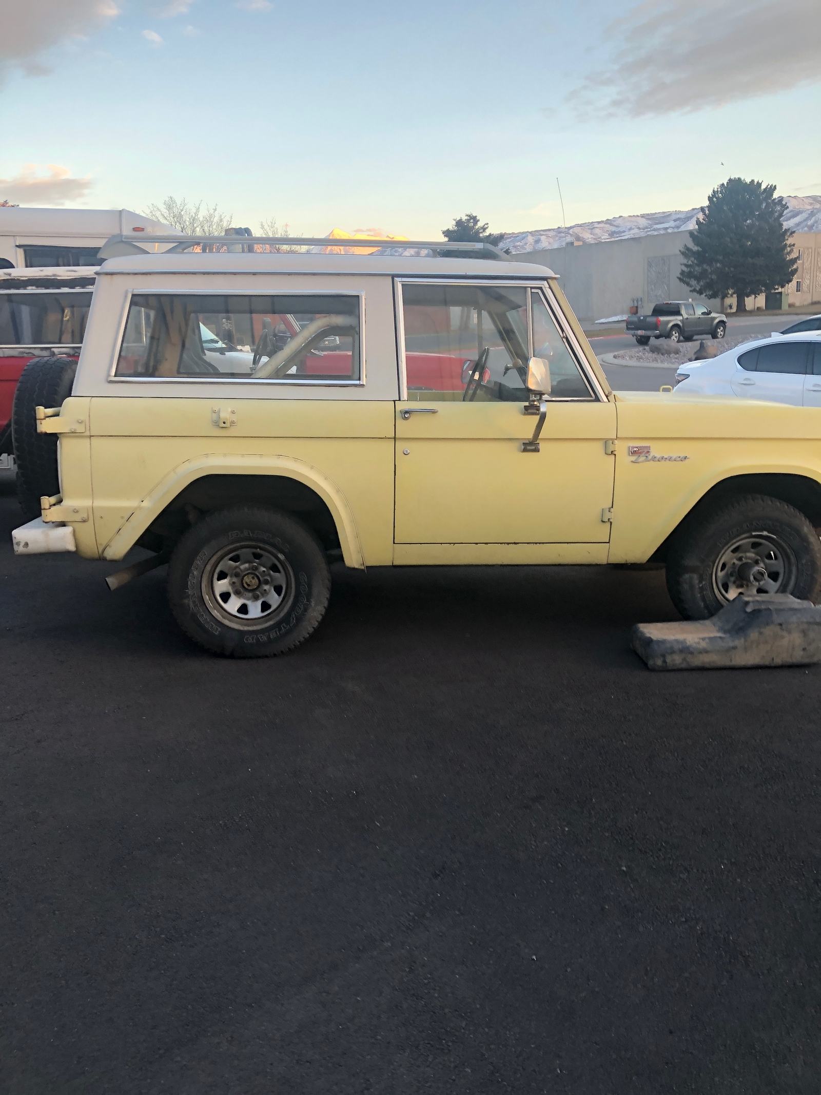 The Bronco as found, front three-quarter view with faded original paint